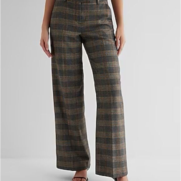 Express Women’s Cut Editor Relaxed Plaid Black/Brown Wide-Leg Trousers Size 4S - Picture 1 of 10
